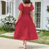 Casual Dresses Pink Princess Skirt Bubble Sleeves Short Sleeved Long Women'S Fashion Solid Color Square Neck No Back Fold Dress