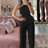 Zweiteilige Damenhose, elegant, 2024, ärmellos, Swing-Anzug, schick, solide, Club-Party-Outfits, Frauen, sexy Skew-Kragen, Blusen-Tops, lange Sets