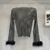 T-shirt da donna PREPOMP 2024 Collezione Primavera Piume Polsino con maniche Bottoni Maglia scozzese con strass Camicia a maniche lunghe Donna GP041