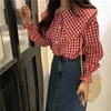 Spring Autumn Vintage Blusas Mujer De Moda Korean Fashion Peter Pan Collar Plaid Long Sleeve Blouses Singlebreasted Shirts 240320