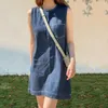 Casual klänningar fickklänning snygg sommar med bröstet a-line silhuett över knälängd för kvinnor fast färg lapptäcke a