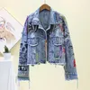 Vestes Femmes Denim Veste Printemps Automne Graffiti Rivet Jean Femme Trous Mode Fille Manteau Manteau