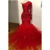 Manga comprida vermelho sereia sexy baile de formatura tule renda plissado um shouler zíper até tribunal trem vestidos de noite pagent