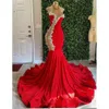 Rojo árabe Aso Ebi sirena vestidos de baile de encaje con cuentas noche sexy fiesta formal segunda recepción cumpleaños vestidos de compromiso vestido ZJ