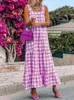 Abiti casual VONDA 2024 Estate Bohemian Plaid Maxi vestito da donna sexy increspato senza spalline stampato spiaggia vestito estivo lungo allentato Vestido