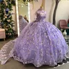 Lavanda brilhante fora do ombro vestido de baile quinceanera vestidos apliques renda tull com capa doce 16 espartilho vestidos de 15 anos