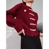 Ethnische Kleidung 2024 Chinesischer Stil Roter Pullover für Frauen Herbst und Winter Seide Rundhals Knopf Strickjacke Top Eleganter Mantel