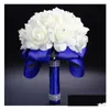 Couronnes de fleurs décoratives élégantes roses artificielles bouquet de mariée mariage cristal bleu royal ruban de soie Buque de Noiva 6 Co Dhbo4