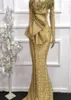 2022 Elegant afrikanska långa ärmar Lace Mermaid aftonklänningar Guld Se genom full ärmar pärlor promklänningar mantel de soiree bc119817586