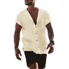 Chemises décontractées pour hommes Été Coton Lin Solide Cardigan Lâche Chemise de poche à manches courtes pour hommes Vêtements