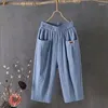 Pantalones de mujer verano casual algodón lino 2024 color sólido cintura elástica mujer de mediana edad recortada