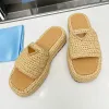 Damen Designer Slide Crochet Wedges Slides Schwarz Gewebte Plattform Sandale Stroh Slipper Sommer Zwei Riemen Flache Komfort Mule Strand Pool U2Kq #