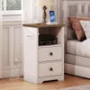 HOOBRO Nightstand Charging Station, End with 2 Drawers, Wood Sofa Side Table, Bedside Table for Bedroom, Farmhouse Nightstand, Antique White WH11UBZ01