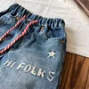 DD style Boys girls star letter embroidery jeans kids lace-up elastic waist denim pants 2024 summer children casual cowboys trousers S1255
