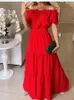 صيف بوهو فستان أحمر أزياء قصيرة الأكمام شاطئ طويلة فستان طويل غير رسمية الفساتين الأنيقة العطلات للنساء رداء Femme 240314