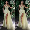 Sparkly Yellow Light Prom Dresses One Shoulder Sleeveless High Side Split Beading Sequined Custom Made Party Evening Dress