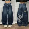 JNCO 청바지 Y2K 여성하라 주쿠 레트로 힙합 프린트 헐렁한 검은 바지 고딕 하이 허리 넓은 바지 스트리트웨어 240307