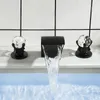 Robinets d'évier de salle de bains, robinet de luxe en laiton noir de bonne qualité, robinet mitigeur de lavabo en cristal de cuivre 3 trous 2 poignées exquises