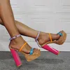Sandales d'été pour femmes, chaussures à lanières à talons épais, multicolores en liège, talons hauts, plates-formes de fête, grande taille, été 2024