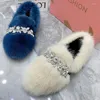 Casual Shoes Green Women Flat Crystal Loafers Winter Warm Mink Fur Espadrilles Ladies Walking Zapatos Mujer Flats