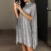 Casual Dresses Ladies Cloak Style Dress Solid Color High Neck Sequin Shiny Short Women Elegant Loose Formal For Wedding Prom Party