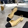 Dress Channel Shoes Luxury Designer Fashion Chunky Heel Slingbacks Sandaler For Women Ballet Flat Boat Shoe Apricot Sole French Low Flat Plat äkta läder 001