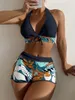 Damen-Bademode, sexy Bikini, Push-Up-Bikini, Damen-Badeanzug, 2-teilig, Strand-Patchwork, hohe Taille, Badeanzüge mit Shorts