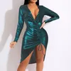 Casual Dresses Women Bodycon Dress V-Neck Long Sleeve Drawstring Pleated A-Line Slim Fit Elegant Party Night Club Knee Length Vestidos