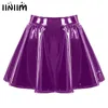 Womens Glossy Patent Leather Fleared Miniskirt Dance Performance Invisible Zipper Aline Mini Kirts Clubwear Cosplay Costume 240321