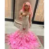 EBI Pink Aso Arabic Mermaid Prom Dresses Pärled Crystals Sexig kväll Formell fest Andra mottagning Birthday Engagement Glows Dress ZJ