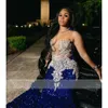 Royal Blue paljetter Beaded Appliques Prom Dresses For Black Girls Sheer Neck Sweep Train Mermaid Formella OCN -klänningar Mal