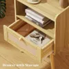 SUPERJARE Charging Station and Shaped Decorative Drawers, Rattan Solid Wood Legs, Bedside Table with Open Storage Space, Suitable for Bedrooms, Living Rooms,