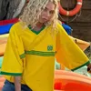 Kvinnors t-shirt sommarkvinnor brasiliansk broderad gul t-shirt casual lös medium långärmad y2k kläder topp överdimensionerad t-shirt strand t-shirt 240322