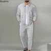 Hommes décontracté gaufré deux pièces pantalons ensembles lâche revers Zipup manteaux et pour vêtements automne mode mâle 240318