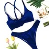 Women's Swimwear Velvet Bikini Backless Cross Bandage Swimsuit Vintage Women Brazilian Beach Outfit Micro Bikinis Thong Set Bathing Suit