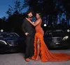 Orange Sparkly Long Trumpet Evening Formal Dresses For Black Girl 2024 Luxury Diamond Velvet Feather Prom Gala Dress