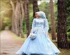 Мусульманское свадебное платье в хиджабе с вуалью, высоким воротником и длинными рукавами, светло-голубые аппликации, кружево трапециевидной формы, скромные свадебные платья на заказ Plus9952457