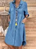 Casual Kleider Kleid Für Frauen 2024 Frühling Sommer Blau Vintage Langarm Feste Weibliche Mode Kleidung GERADE Drehen-unten kragen