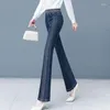 Women's Jeans Blue Flared Pants For Woman Flare With Rhinestones Bell Bottom Trousers High Waist S Japanese Y2k Vibrant Pant