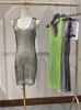 Sexy Sleeveless Skeleton Glitter Rhinestone Dress Fishing Net Mesh See Through Round Neck Midi Dress Party 240314