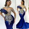 Perlé Ebi arabe Aso cristaux robes de bal dentelle sirène bleu royal soirée formelle fête deuxième réception anniversaire robes de fiançailles robe ZJ