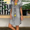 Casual Dresses Summer Fashion Classical Short Sleeve Denim Dress For Women Turn Down Collar Single-breasted Pockets Knee-length Vintage