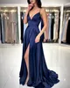 Navy blue a line prom dress spaghetti evening dresses elegant dresses thigh split v neck satin bridesmaid dresses for special occasions