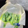 Women's T-Shirt Green tie dye cartoon embroidery T-shirt knitting flower Kawaii Tee O-neck loose casual summer top student girl Korean trend 240323