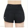 LU-841 Sök upp shorts kvinnors höga midja yoga anti bländning inner foder som kör snabbt torkande fett brinnande sport shorts 2,5-tums