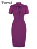 Party Dresses Tonval Knot Tie Neck Button Up Purple Vintage 50s Wiggle Dress Women Elegant Short Sleeve Bodycon Solid Summer