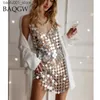 Basic Casual Dresses Womens Fashion Sleeveless Sexy Backless Sparkling Black Gold Chain Sequin Panel Mini Dress Diana Silver Plate Dress Q240322