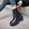 Boots MEZEREON Full Grain Leather Ankle Thick Bottom Platform Shoes Round Toe Lace-Up Winter High Heel 6.5 CM Waterproof