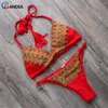 Mulheres Swimwear BANDEA Sexy Bikini Set Marca Mulheres Maiô Vintage Alto Pescoço Bodysuit Handmade Crochet Biquini HA021