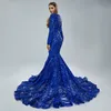 Sparkly Royal Blue Abito da sera da ballo 2024 Lusso scollo a V maniche lunghe Paillettes Africano Nero Ragazze Donne Formale Prom Abito di compleanno Robe De Soiree